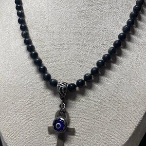 Sterling Silver Necklace with Ankh Pendant & Black Nephrite Jade Beads 925